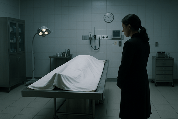 A woman stands at the foot of a morgue table, gazing down at a body covered with a white sheet. The sterile, clinical environment is lit by harsh white lights, and medical equipment lines the walls, adding to the tense atmosphere of restrained grief.