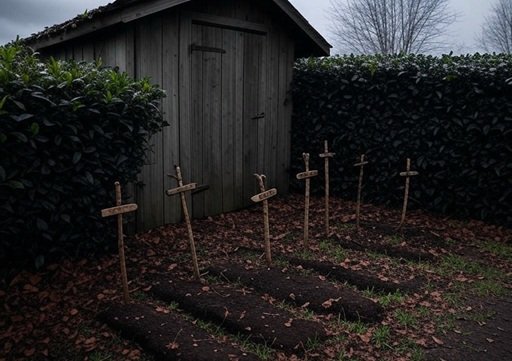 A haunting scene of a decaying wooden shed partially covered by wild tea bushes under a gloomy, overcast sky. The shed door is slightly ajar, revealing darkness within. In the foreground, small handmade grave markers—sticks with numbers written on them—are scattered across the ground, surrounded by fallen leaves and patches of grass. The atmosphere is eerie and quiet, evoking a sense of buried secrets.
