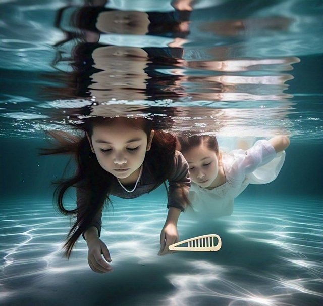 A surreal, painterly scene featuring two identical young girls in white dresses. One girl is underwater, reaching up toward the surface with a desperate hand, while the other stands in the shallow pond, gazing down. The water reflects distorted, dreamlike flickers of childhood memories in soft, blended tones. A single ivory hairpin floats between them, suspended in the water, under a serene sky with lush greenery in the background. The mood is ethereal and haunting, with soft shadows enhancing the symbolic depth.