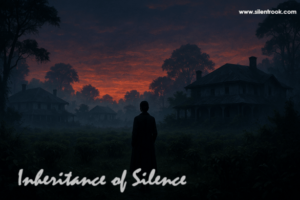 A mysterious tea estate at dusk, with colonial bungalows shrouded in mist and a lone woman in a coat standing in the distance.