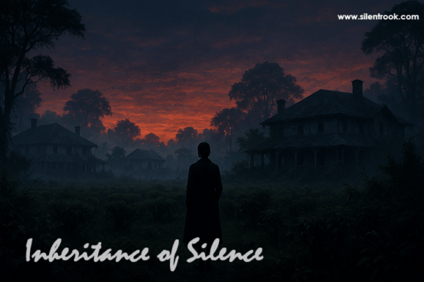 A mysterious tea estate at dusk, with colonial bungalows shrouded in mist and a lone woman in a coat standing in the distance.