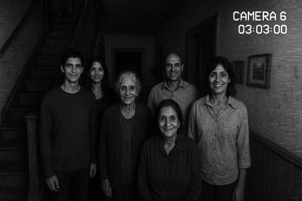 Black and white CCTV still from a hallway at 3:03 a.m., showing five motionless people staring directly into the camera lens with wide eyes and eerie smiles. Slight static distortion overlays the frame, enhancing the sense of unnatural tension and horror in a found-footage style.
