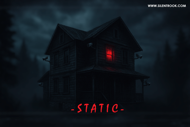 A dark, isolated house in the hills of Shimla at night, surrounded by pine trees and clouded skies, with CCTV cameras on the corners. A single upstairs window glows red, suggesting something ominous inside. The edges of the image flicker with static, evoking a found-footage horror aesthetic and a chilling sense of surveillance.