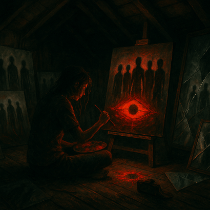 Psychological horror scene of a dim attic filled with disturbing paintings. A young woman, Priya, paints furiously in red and black around a crack resembling a red eye. Broken mirrors reflect distorted images, adding to the chaotic, haunted atmosphere of the house’s possession.