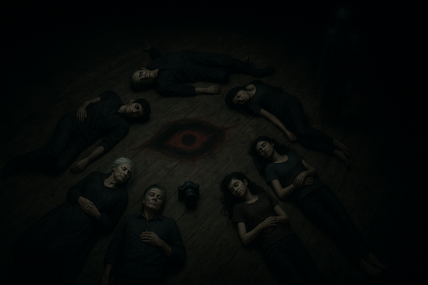 Surreal overhead shot of six people lying in a spiral on an old wooden floor, eyes closed. A camera lies at the center, symbolizing the house’s watching presence. A shadowy, flickering figure stands in the background, nearly invisible, evoking a dreamlike horror aesthetic and the story’s climax.